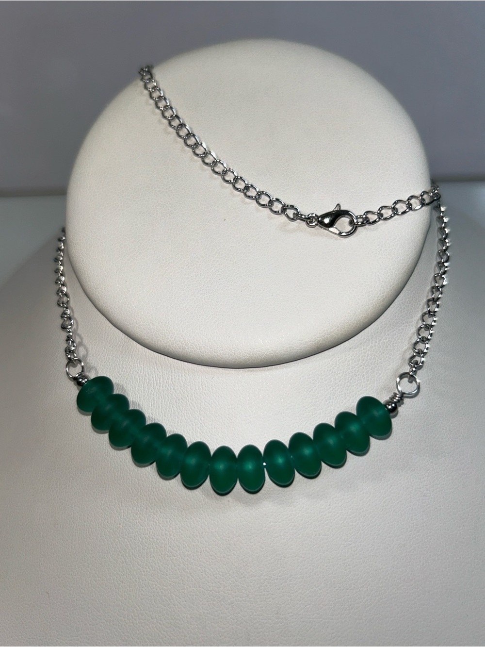 New Artisan Handmade Aqua Sea Glass Rondel  Stainless Steel Necklace